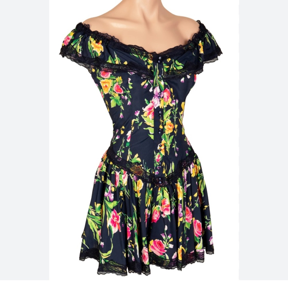 Trashy Original Lingerie Kathy Dress Rare Black Floral Ruffle Off the Shoulder S